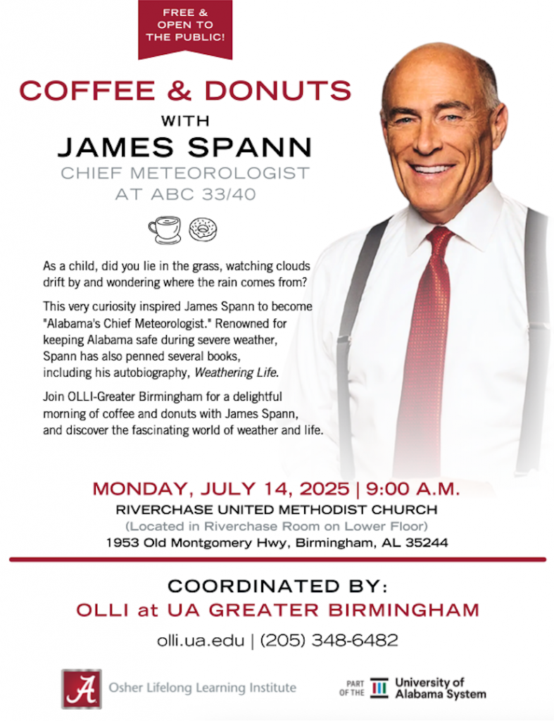 Free and open to the public! Coffee and Donuts with James Spann on Monday, July 14th at Riverchase United Methodist Church